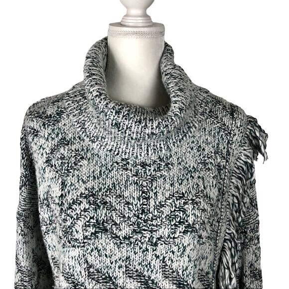 Lucky Brand Sweater Women's Medium Green Black White Cowl Neck Aztec Fringe Wool - Picture 5 of 8